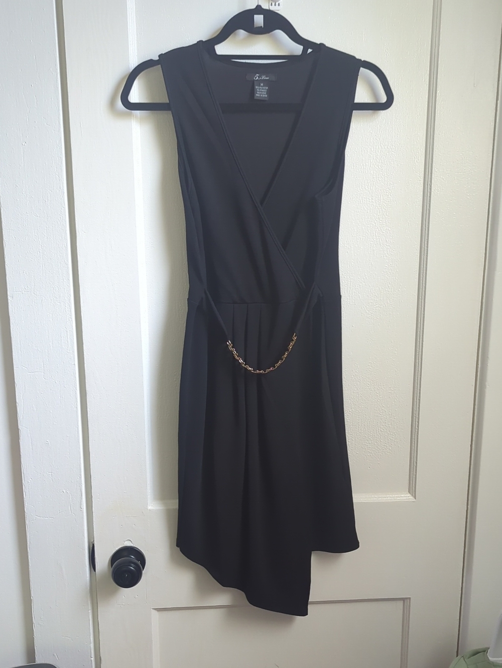 Women's Black Sleeveless Wrap Dress with Gold Chain Accent Waist Detail Size S